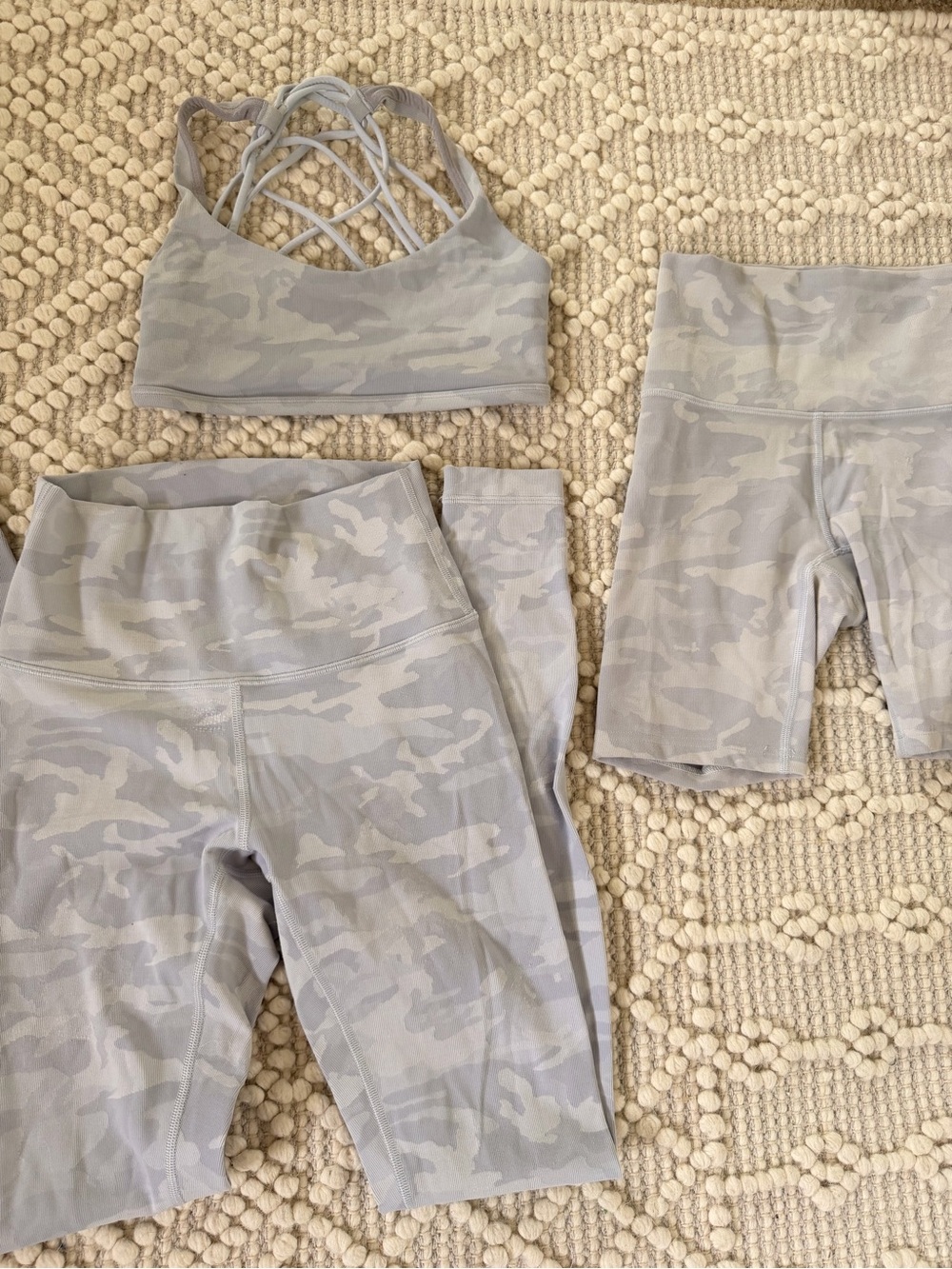 Lululemon Light Gray Camo Sports Bra, Leggings, and Shorts Set